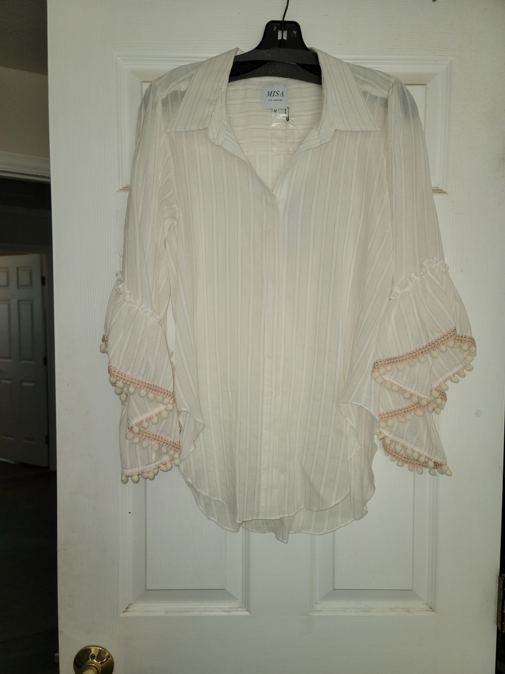 Misa Los Angeles Cream Ruffled Pom-Pom Trim Blouse